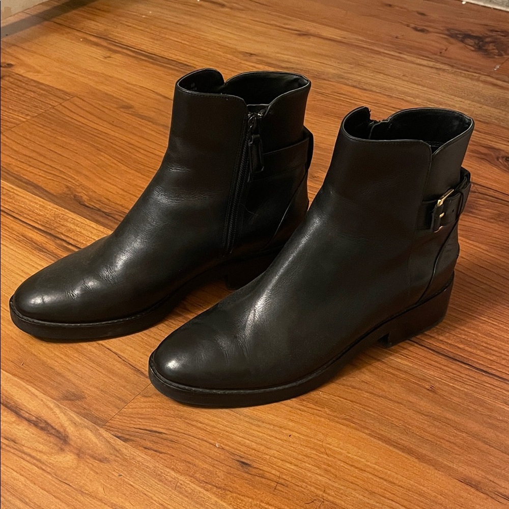 Cole Haan Black Leather Ankle Boots with Gold Buckle Detail